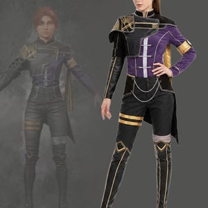 May include: A costume set featuring a purple and black jacket with gold accents, a high collar, and white vertical detailing. The ensemble includes black trousers with gold bands, a decorative silver chain, and matching black knee-high boots.