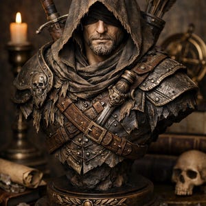 Könnte beinhalten: Detaillierte Büste eines Kriegers mit Augenbinde, Kapuze und Rüstung. Die Skulptur zeigt ein Schwert, einen Köcher mit Pfeilen und Schädeldetails. Die Farbpalette ist hauptsächlich Bronze und Braun, mit Fokus auf Textur und Details.