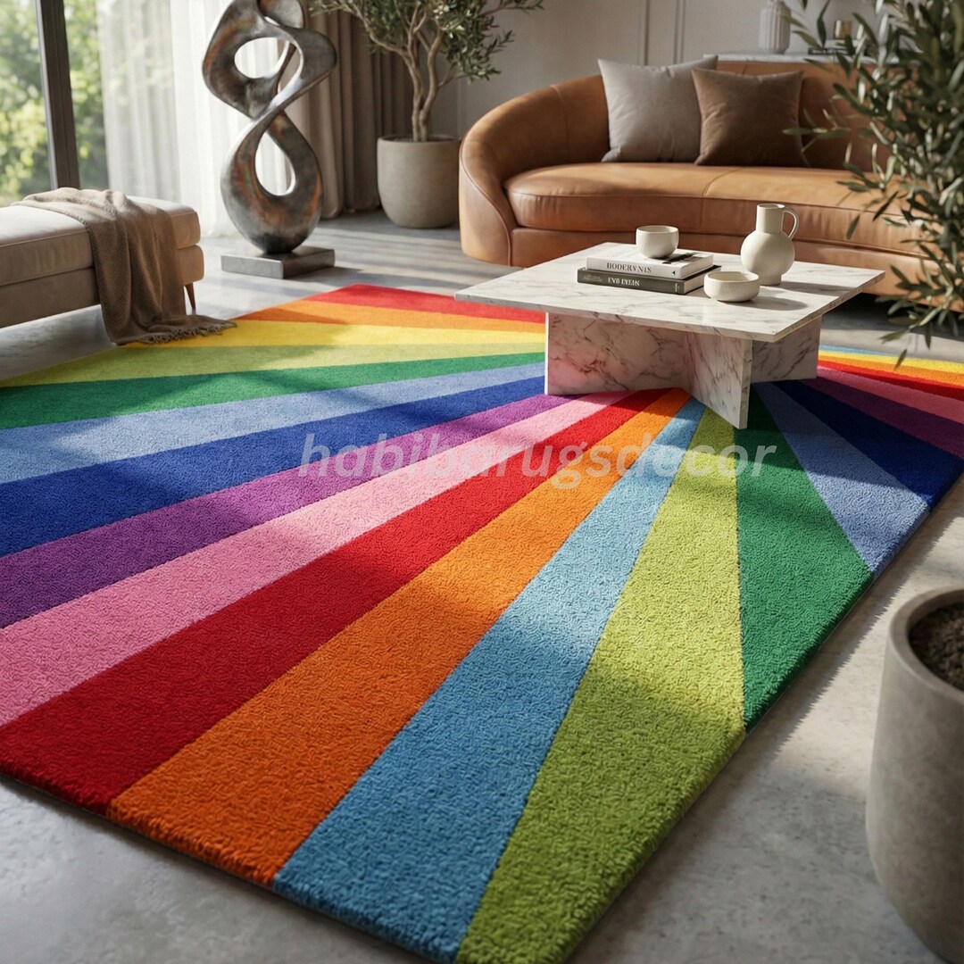 Wool Rainbow Rug Hand Tufted Wool Rug, Rainbow Sunburst Design, Modern Colorful Carpet ...