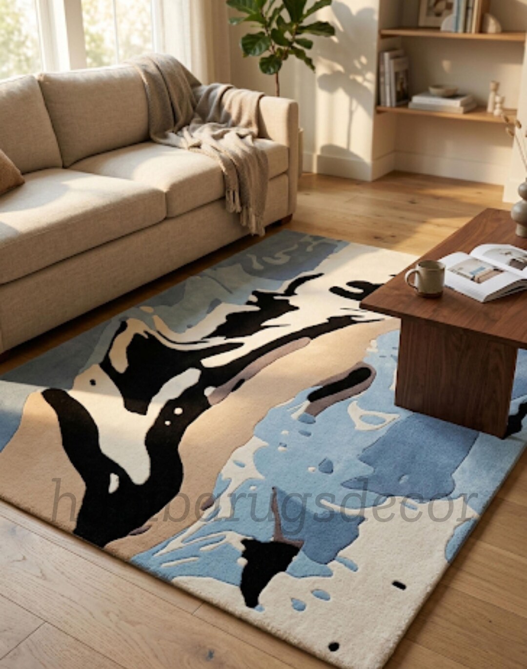 Hand Tufted Wool Abstract Art Rug – Blue Beige Contemporary Living Room ...