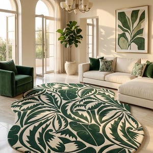 Irregular Botanical Area Rug Green Ivory | Tropical Leaf Pattern Carpet | Modern Organic Shape Designer Rug