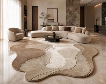 Alfombra de lana de forma irregular, alfombra de área tejida a mano, alfombra abstracta beige, alfombra esculpida moderna, alfombra de forma orgánica, decoración para sala de estar 4x6 5x8 6x9
