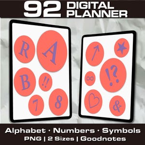 以下が含まれることがあります： 2つのデジタルプランナー画面には、紫色のアルファベット、数字、記号がコーラル色の円で表示されています。画面は黒い縁取りで、「92 DIGITAL PLANNER」の文字が上部に、「Alphabet • Numbers • Symbols」の文字が下部にあります。
