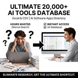 Może przedstawiać: Reklama bazy danych narzędzi AI. Obraz przedstawia zestresowaną osobę z papierami i uśmiechniętą osobę korzystającą z komputera. Tekst zawiera "ULTIMATE 20,000+ AI TOOLS DATABASE" i "ELIMINATE RESEARCH. GET THE ULTIMATE SHORTCUT."