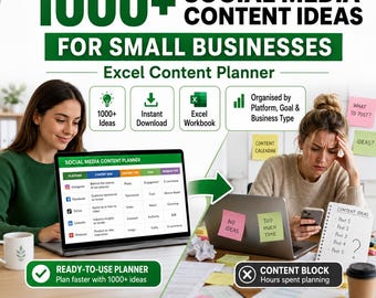 May include: A digital product titled 1000+ Social Media Content Ideas for Small Businesses, featuring an Excel content planner. The graphic displays a comparison between a stressed person using a laptop and a productive person using the planner.