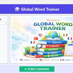 May include: A computer screen displays the "Global Word Trainer" interface. The main graphic features a stack of books labeled with different languages, a globe, and a magnifying glass. The interface includes options for language pair, level, and difficulty.