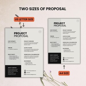 May include: Two project proposal layouts, one US Letter size and one A4 size, are displayed. Each layout features sections for cost estimates, timelines, project overviews, scope of work, deliverables, and company information. The text is in black on a light gray background.