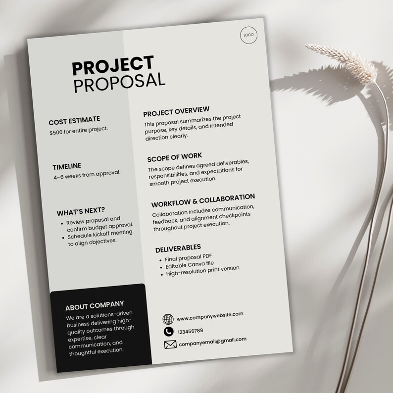 May include: A project proposal document with the title "PROJECT PROPOSAL" in bold black text. The document includes sections for cost estimate, timeline, and deliverables. The document is on a white background with a shadow.