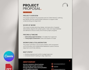 Minimalist Project Proposal Template | One Page Business Design | Client Onboarding (Canva, PPT)
