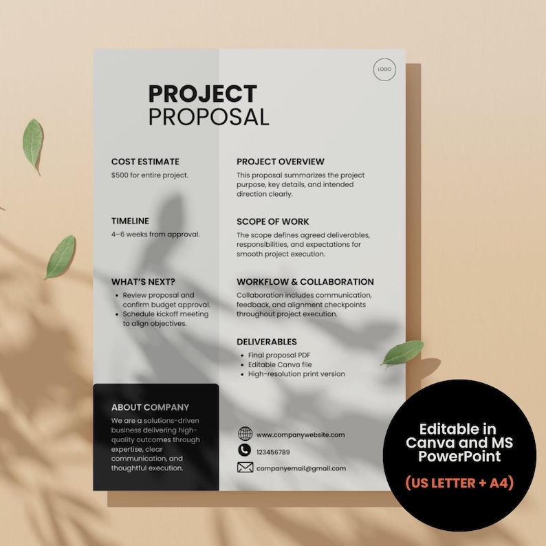 May include: A white project proposal template with black text, including sections for cost estimate, timeline, project overview, and deliverables. The document includes the text "Editable in Canva and MS PowerPoint (US LETTER + A4)".