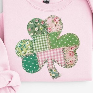 Blumen Patchwork Shamrock PNG, Vintage Faux Fabric Clover Design, rosa grün genähtes Shamrock, Sublimation digitaler Download
