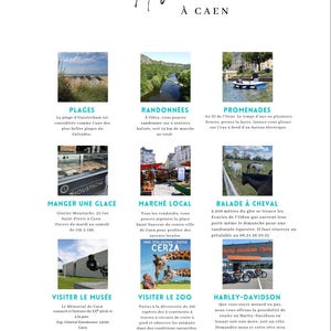 Peut inclure: Brochure "À faire À CAEN" avec des suggestions d'activités. Images de plages, randonnées, promenades en bateau, glaces, marchés locaux, équitation, musées, zoo et location Harley-Davidson.
