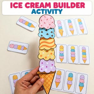 Può includere: Un set di attività Ice Cream Builder con un cono gelato centrale in carta con cinque palline impilate in rosa, blu, arancione, giallo e viola, circondato da varie carte rettangolari che mostrano diverse combinazioni di coni gelato.