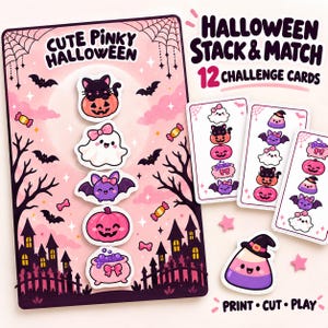 Puede incluir: Un juego de Halloween Stack & Match con 12 tarjetas de desafío y piezas recortables. El tablero muestra el texto Cute Pinky Halloween, con un gato negro en una calabaza, un fantasma, un murciélago, una calabaza rosa y un caldero sobre fondo rosa.