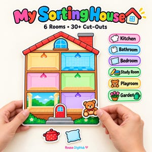 Op de afbeelding: My Sorting House activiteitenset met een geïllustreerd huis met zes kamers, een rood dak, schoorsteen en zes gekleurde kamers. Inclusief meer dan dertig uitknipsels en labels voor keuken, badkamer, slaapkamer, studeerkamer, speelkamer en tuin.