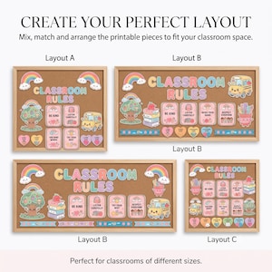 Op de afbeelding: Een set printbare klaslokaaldecoratie met pastelkleurige regenbogen, een schoolbus, een boom en boeken. De tekst luidt "CREATE YOUR PERFECT LAYOUT" en "CLASSROOM RULES" met individuele kaarten zoals "BE KIND" en "LISTEN CAREFULLY."