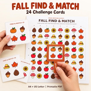 May include: A Fall Find & Match activity set featuring 24 challenge cards and a large visual matching board. The cards and board display colorful icons of pumpkins, acorns, leaves, apples, sunflowers, mushrooms, and pinecones. A brown square frame is used to highlight matching sets on the grid.