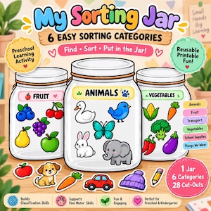 May include: A My Sorting Jar educational activity set featuring three clear jars labeled Fruit, Animals, and Vegetables. The set includes 28 colorful cut-outs of items like a dog, carrot, car, and hat, designed for preschool classification learning.