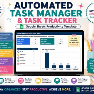 May include: An automated task manager and task tracker Google Sheets productivity template displayed on a laptop screen. The dashboard features a task status overview, a bar chart, and a table showing task counts, alongside colourful icons and text.