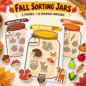 以下が含まれることがあります： Fall Sorting Jarsアクティビティセット。Nature Find、Fall Animals、Foodと書かれた3枚のカードが含まれています。各カードには大きな瓶のイラストと影のシルエットがあり、リス、キツネ、フクロウ、シカ、食べ物など15個の切り抜きパーツを合わせる遊びができます。