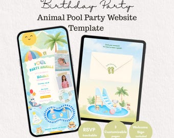 Pool Party Birthday Website Invite with RSVP, Kids Summer Swimming Invitation, Party Animals Pool Invite, Matching Welcome Sign Included