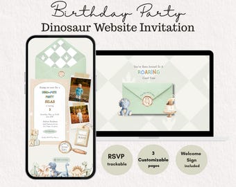 Dinosaur Birthday Invitation Website, Minimalist Dino Party Invite with RSVP, 1st 2nd 3rd Birthday Boy, Canva Template with Welcome Sign