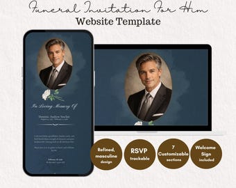Funeral Invitation Template for Him, Celebration of Life Memorial Website, Canva Editable, Navy Blue with Welcome Sign