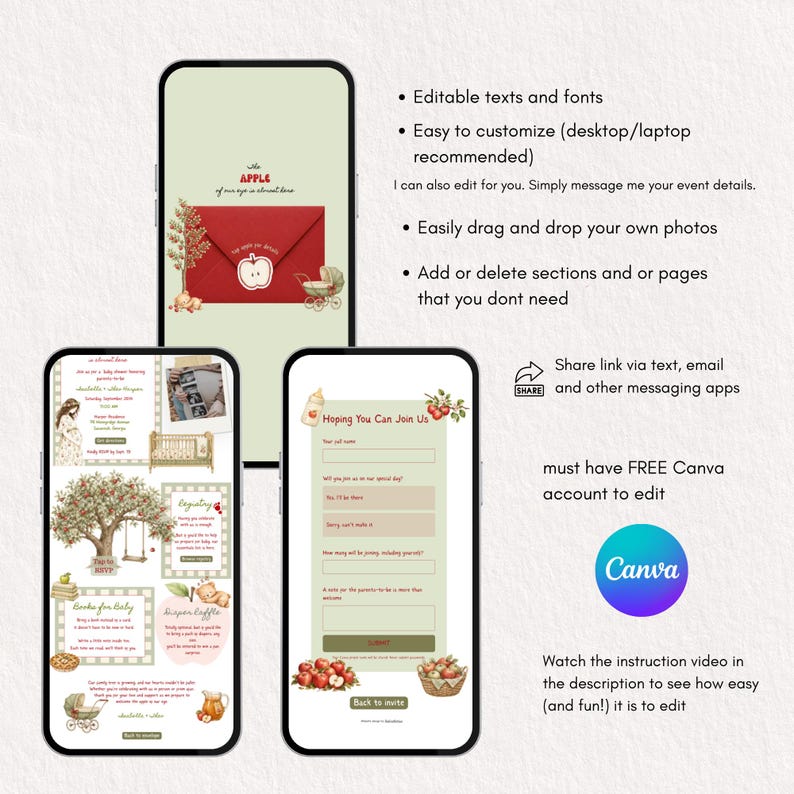 Apple of Our Eye ベビーシャワーのウェブサイト招待状（出欠確認付き）、秋のリンゴ園ベビーシャワー招待状、秋のベビーシャワー、ウェルカムサイン付き 画像 3