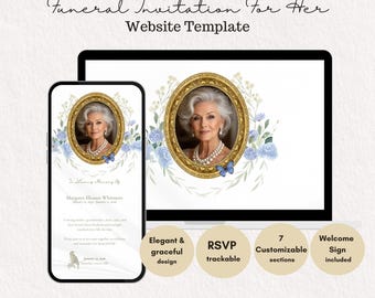 Funeral Invitation Template, Celebration of Life Memorial Website with RSVP, Editable in Canva, Elegant Blue Floral Theme with Welcome Sign
