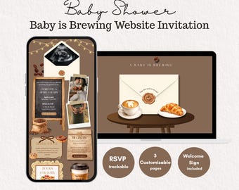 Baby Is Brewing Coffee Baby Shower Invitation Website, Cafe Theme Baby Shower Invite Template, Editable in Canva, Welcome Sign Included