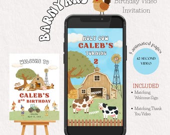 Farm Birthday Invitation Video, Animated Barnyard Kids Party Invite Bundle, Editable Template With Matching Welcome Sign and Thank You Video