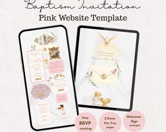 Baptism Invitation Website with RSVP, Pink Christening Dedication Invite Template, Angel Baptism Invite with Welcome Sign, Canva Editable
