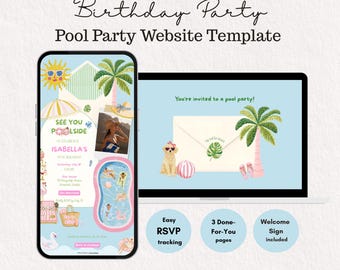 Pool Swimming Party Website Invite Template with RSVP, Summer Splash Birthday Invitation, Editable Canva, Welcome Sign included