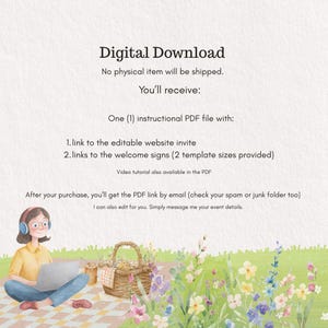 以下が含まれることがあります： デジタルダウンロード情報グラフィック。テキストには「Digital Download, No physical item will be shipped, You'll receive, One (1) instructional PDF file with, link to the editable website invite, links to the welcome signs」と記載されています。