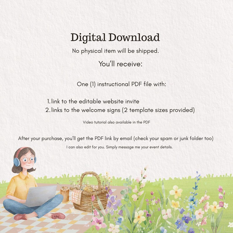以下が含まれることがあります： デジタルダウンロード情報グラフィック。テキストには「Digital Download, No physical item will be shipped, You'll receive, One (1) instructional PDF file with, link to the editable website invite, links to the welcome signs」と記載されています。