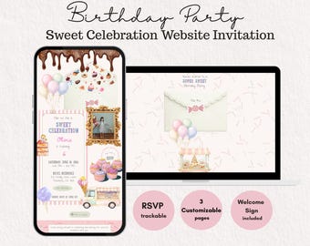 Sweet Shop Birthday Invitation Website, Candy Party Invite Template with RSVP, Pastel Dessert Invitation, Welcome Sign Included