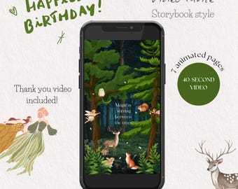 Enchanted Woodland Birthday Invitation Video, Forest Animals Fairy Kids Party Invite, Editable Evite Template, Thank You Video Included