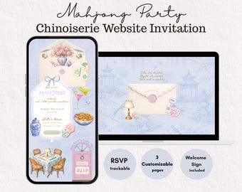 Mahjong Party Invitation Website, Chinoiserie Mahjong Invite Template with RSVP, Grandmillennial Mahjong, Canva Editable, With Welcome Sign