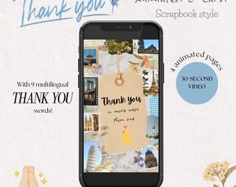 Animated Thank You Card with 9 Multilingual Words, Scrapbook Style Digital Appreciation E-Card, Grateful Card for Friends & Support