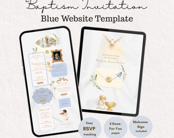 Baptism Invitation Website with RSVP, Blue Christening Dedication Invite Template, Angel Baptism Invite with Welcome Sign, Canva Editable