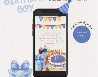 Animated Happy Birthday Card for Boys, Blue Birthday Video Greeting, Kids or Adults, Editable Digital E-Card Download