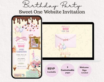 Sweet One Birthday Invitation Website, 1st Birthday Coquette Candy Invite Template with RSVP, Baby Girl Dessert Birthday with Welcome Sign