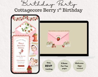 Berry 1st Birthday Invitation Website Template, Strawberry First Birthday Invite with RSVP, Cottagecore Mouse Theme, Canva Editable