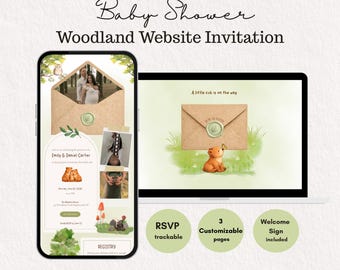 Woodland Baby Shower Invitation Website, Bear Baby Shower Invite with RSVP Template, Rustic Forest Animals Baby Shower Template