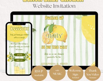 Lemon Baby Shower Website Invitation Bundle, Sage Green | Editable Digital Invite with RSVP and Music, With Welcome Sign and Thank You Video