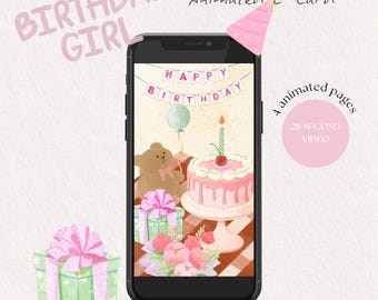 Animated Pink Birthday Card Video for Girls, Cute Happy Birthday Digital E-Card Greeting for Kids, Teens or Adults