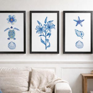 May include: Three framed watercolour prints in black frames. The prints depict blue floral and marine life illustrations, including a flower, turtle, seashell, starfish, and lilies. The artwork is displayed above a beige sofa.