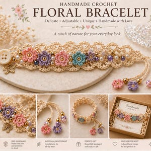 Peut inclure: Bracelet floral en crochet fait à la main avec des fleurs en crochet roses, violettes et bleues. Le bracelet a une fermeture à bouton et est orné de perles et de perles dorées. Le bracelet réglable est léger et confortable.