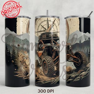 May include: A set of three 20oz stainless steel tumblers with a wrap-around design. The design features an off-road vehicle with a compass, map, and mountain scene. The tumblers have a black base and a silver lid and straw.
