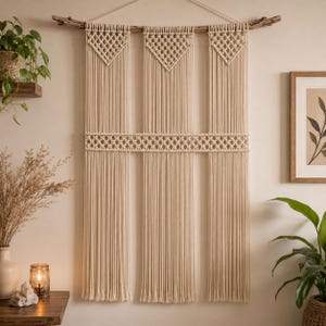 Può includere: Un grande arazzo in macramè color bianco sporco appeso a un ramo di legno naturale. Il design presenta tre sezioni verticali distinte con intricati motivi a nodo a forma di diamante nella parte superiore e una fascia orizzontale di nodi a rete.